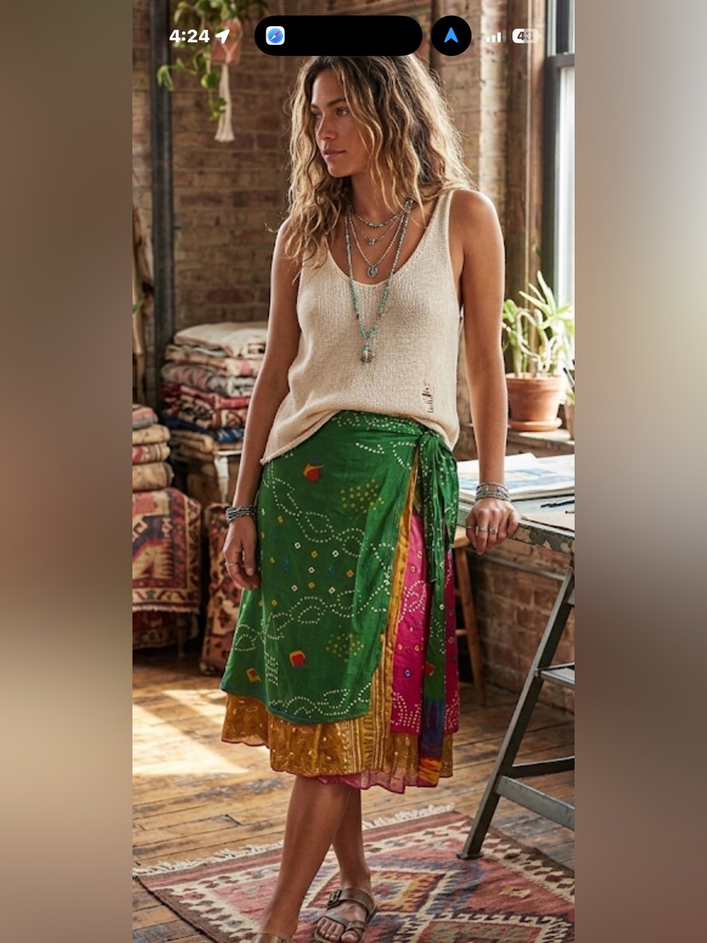 Darn Good Yarn Silk Blend Wrap Skirt Boho Festival Green Gold Small